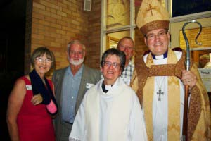 Bishop Andrew and Rev Jan with Swan Hill wardens, Marg Crilly, John Dillon and Ernie Russell
